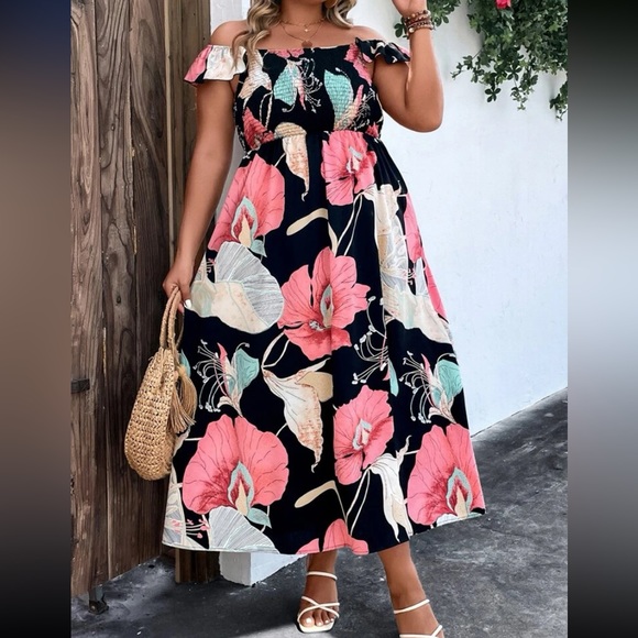 Plus size floral print off shoulder ruffle trim maxi dress - Picture 4 of 8